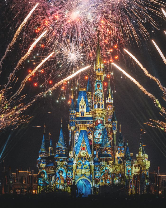 services-01 Dazzling fireworks illuminate the night sky above the enchanting Disney Castle.
